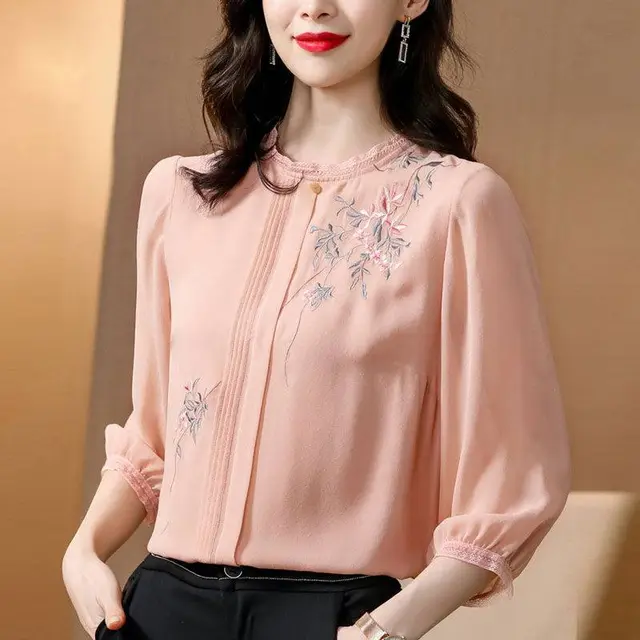 Western style Age reducing Chiffon Silk Women's Shirt Pink - Shop at LoveMi