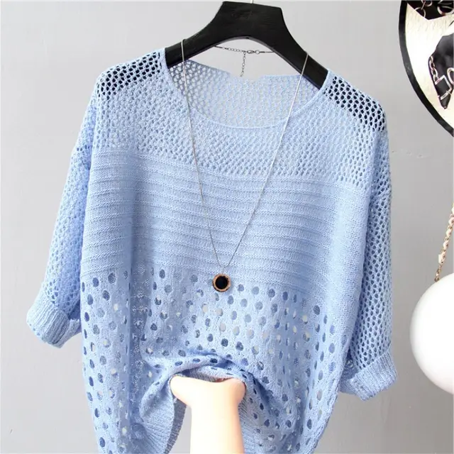 New Women's Loose Scoop Neck Thin Hollow Knit Blouse Blue - Shop at LoveMi
