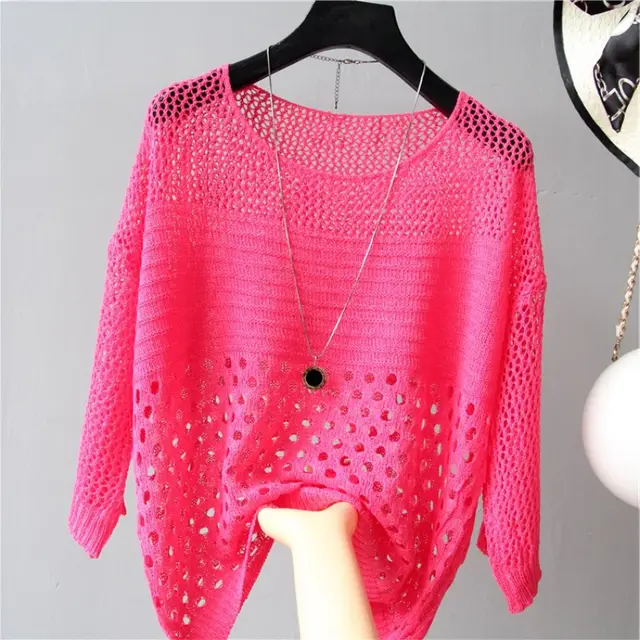 New Women's Loose Scoop Neck Thin Hollow Knit Blouse Red - Shop at LoveMi