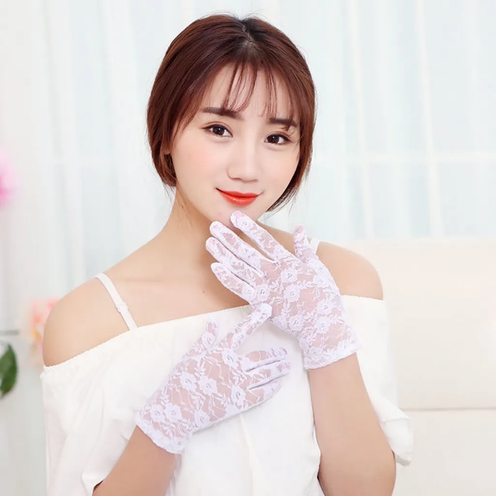 Women's Fashion Lace Satin Solid Color Gloves - White