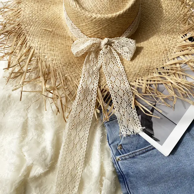 Women's Handmade Raw Edge Big Hat With Raffia Straw For Summer Vacation - White Webbing Bow