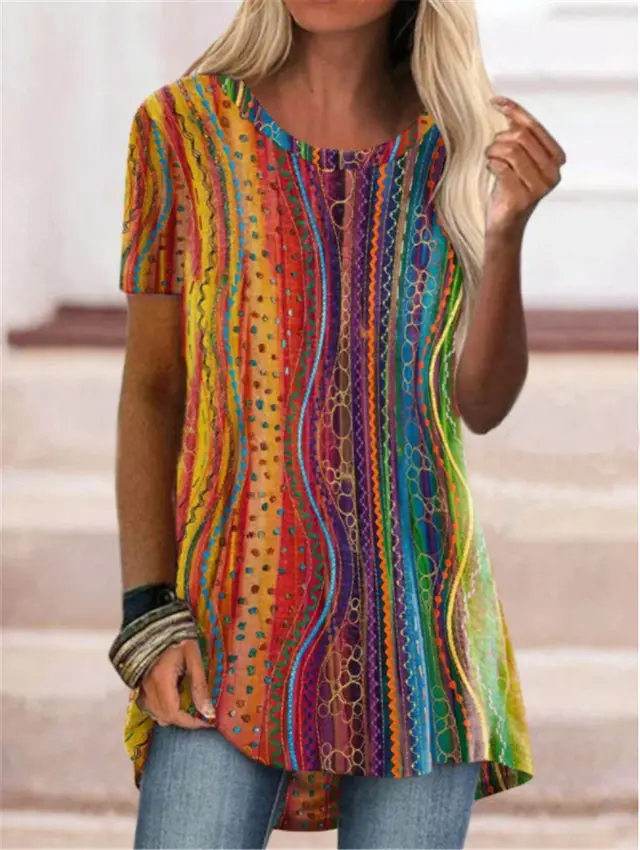 Round Neck Ethnic Vintage Women's Print Short Sleeve T Shirt Picture1 - Shop at LoveMi