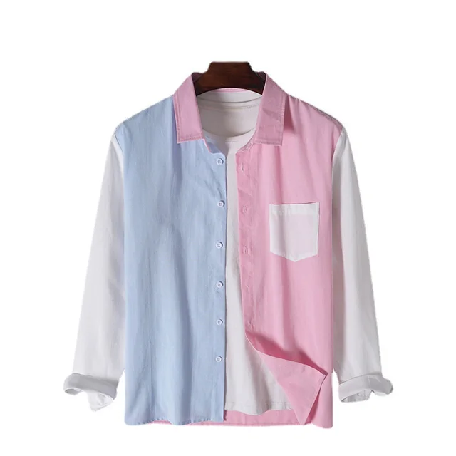 Fashion Lapel Long Sleeve Colorblock Men's Shirt Pink - Shop at LoveMi