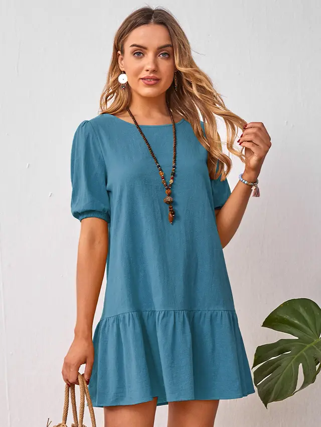 Short Sleeve Cotton Linen Ladies Dress Blue - Shop at LoveMi