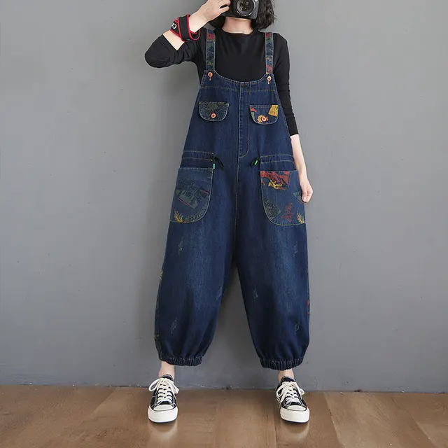 Women's Fashion Plus Size Age Reduction Print Suspender Jeans Blue - Shop at LoveMi