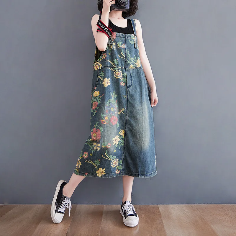 Women's Plus Size Retro Age reducing Denim Print Suspender Skirt Blue - Shop at LoveMi