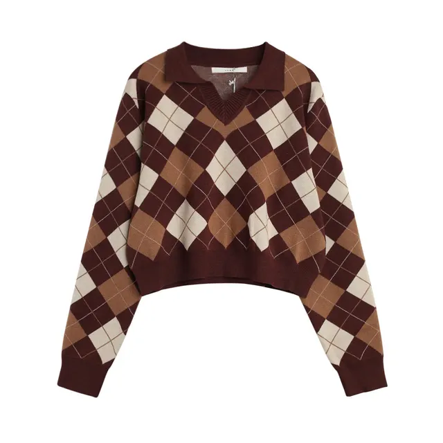 Fashionable All match Diamond Colorblock Knitted Top Coffee - Shop at LoveMi