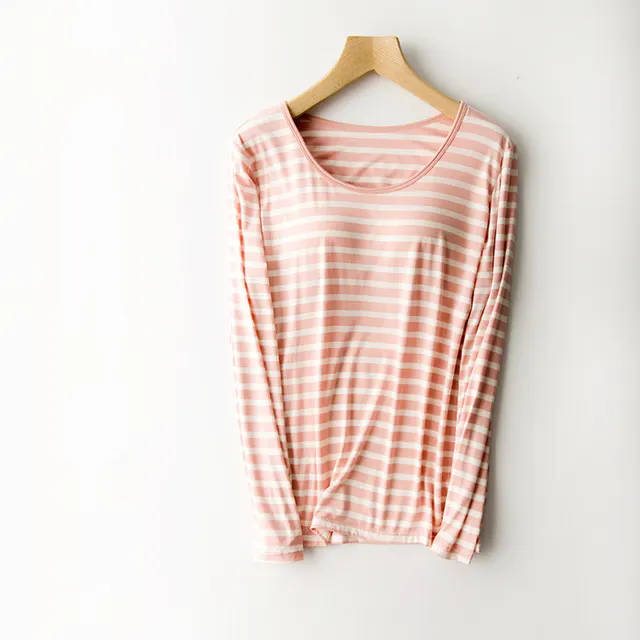 Long sleeve Bra t Cup All in one T shirt Loungewear Pink And White Stripes - Shop at LoveMi