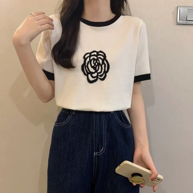 Women's White Small Flower Front Shoulder Knitted Short Sleeve T shirt White - Shop at LoveMi