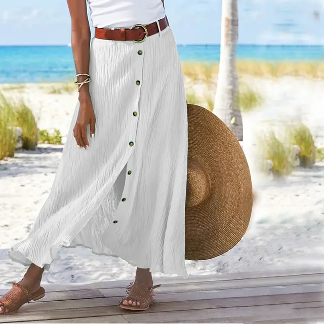Women's Fashion Cotton Linen A Line Hip Mid Waist Long Skirt White - Shop at LoveMi