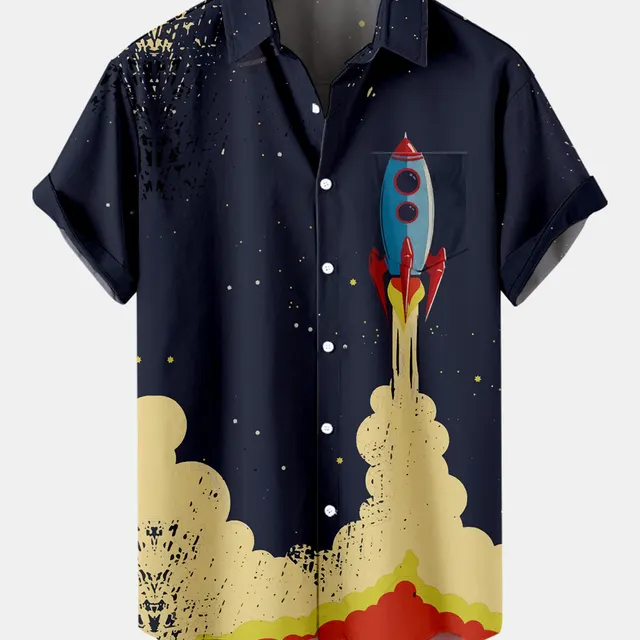 Digital Printing Trend Loose Short Sleeve Shirt Men's Top Black Line - Shop at LoveMi