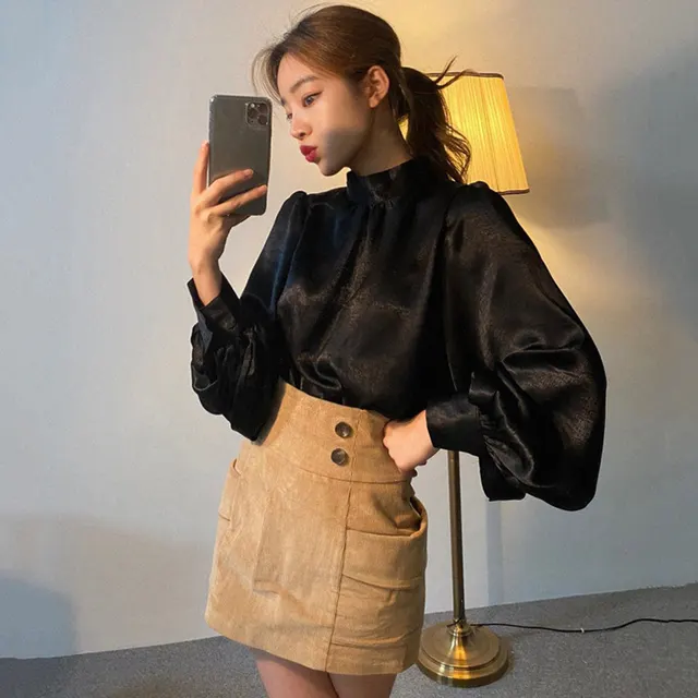 Elegant Stand Collar Shiny Satin Balloon Sleeve Shirt Black - Shop at LoveMi