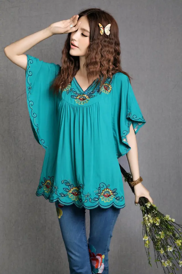 Ladies Embroidered Loose Shirt Flared Sleeves Lake Blue - Shop at LoveMi
