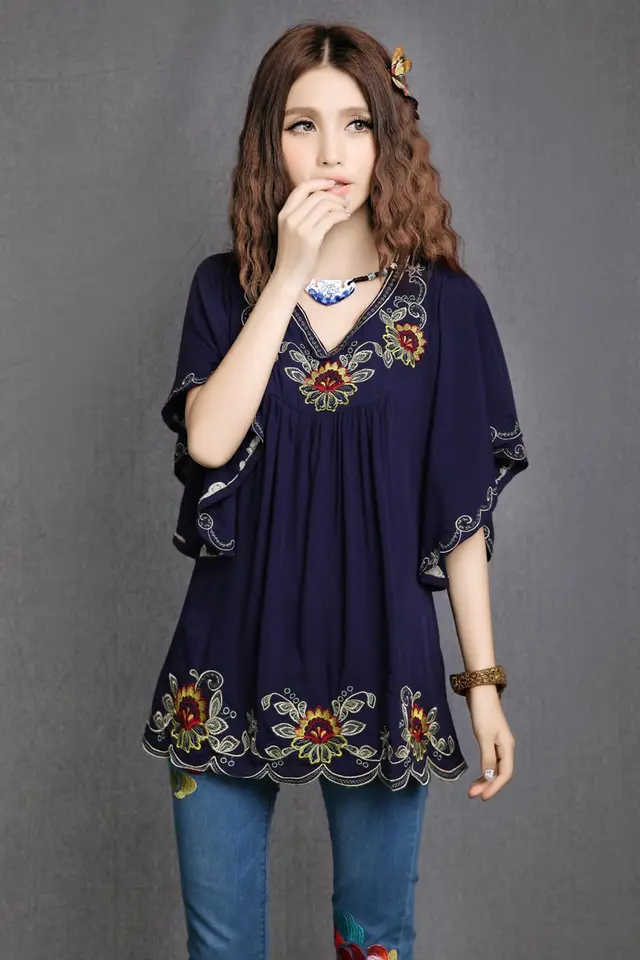 Ladies Embroidered Loose Shirt Flared Sleeves Navy Blue - Shop at LoveMi