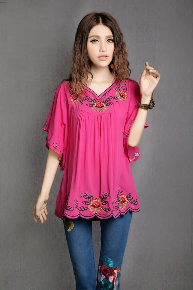 Ladies Embroidered Loose Shirt Flared Sleeves Rose Red - Shop at LoveMi