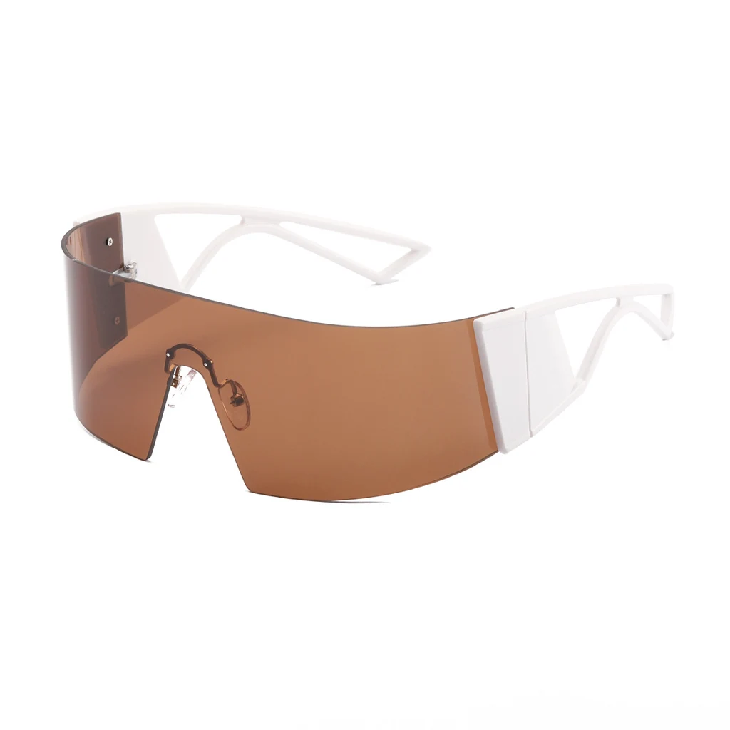 Men's Frameless One Piece Goggles Outdoor Sunglasses - White Frame Tea Slices