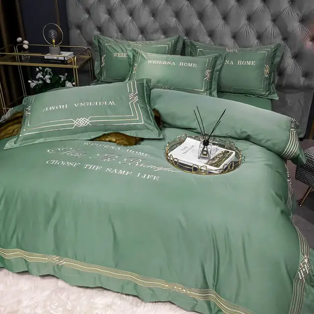 Tencel Quilt Cover Embroidered European Washed Cotton Four piece Set Floating Algae Green - Shop at LoveMi