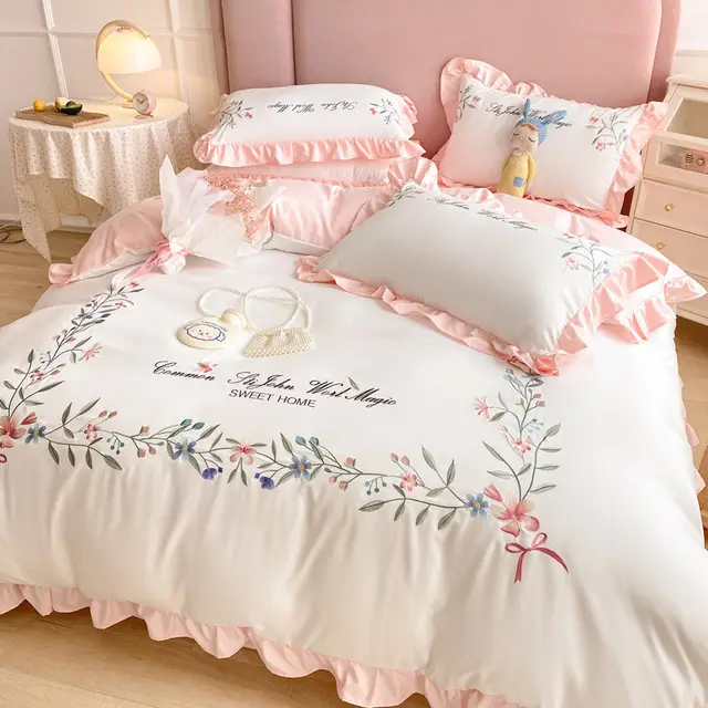Four piece Embroidered Quilt Cover For Washed Cotton Bed Gardenia - Shop at LoveMi