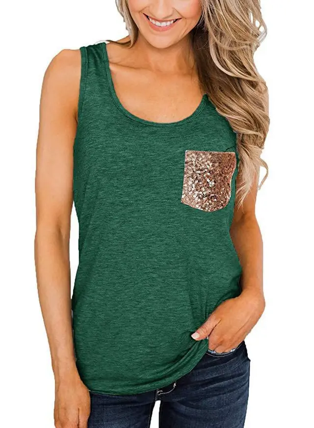 Women's Sequined Pocket Round Neck Solid Color Sleeveless Vest Top Green - Shop at LoveMi