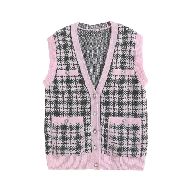 Women's V neck Plaid Knitted Vest Cardigan Vest - Shop at LoveMi