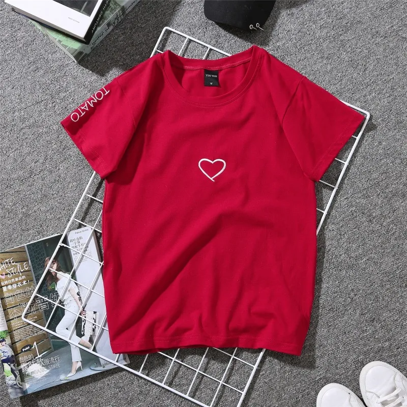 Embroidery Love Summer New Letters All match Short Sleeve Burgundy - Shop at LoveMi