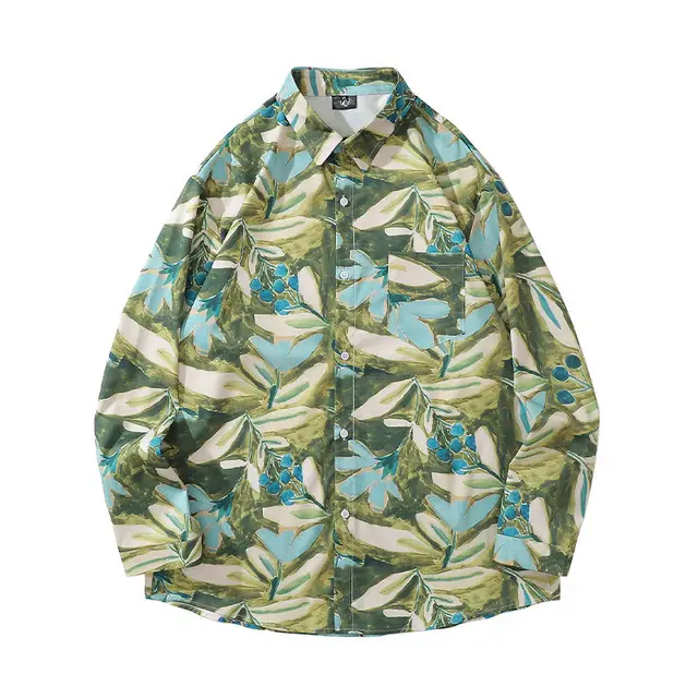 American Vintage Floral Graffiti Print Long Sleeve Shirt Green - Shop at LoveMi