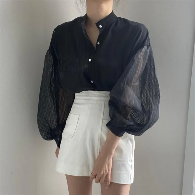 Women's Chic See through Mesh Stand Collar Chiffon Shirt Black - Shop at LoveMi