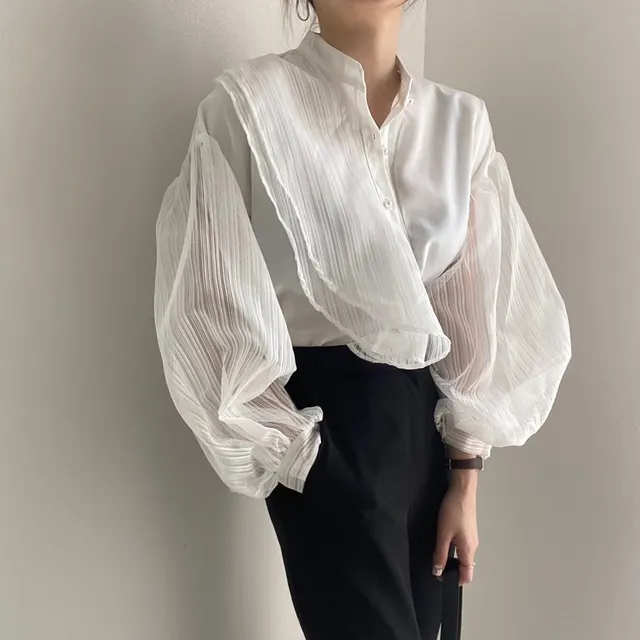 Women's Chic See through Mesh Stand Collar Chiffon Shirt White - Shop at LoveMi