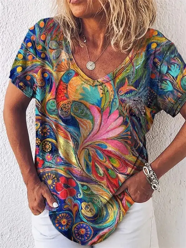 Summer Popular Floral Print Short sleeved V neck T shirt For Women - Shop at LoveMi