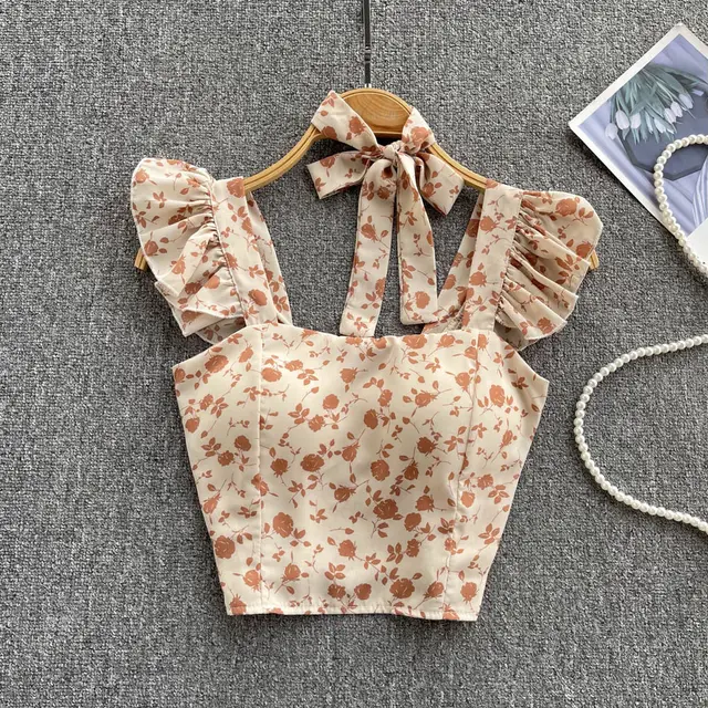 Retro Western Puff Sleeve Floral Short Sleeve Shirt Apricot - Shop at LoveMi