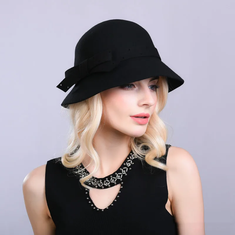 Women's Woolen Perforated Bow Top Hat - Black