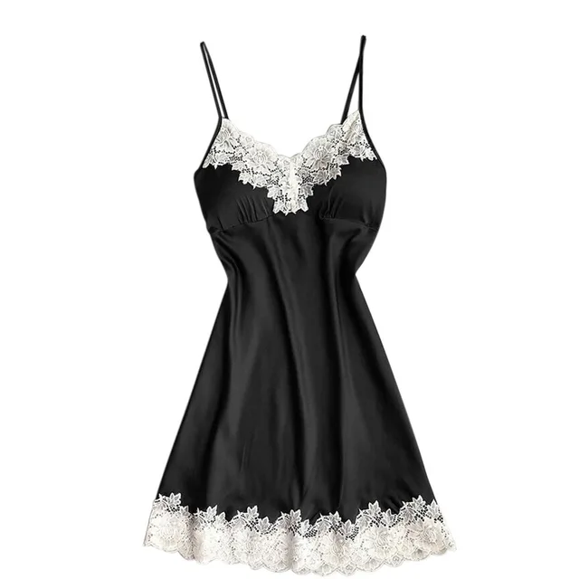 Large Size Sexy Suspender Dress Satin Lace Stitching Nightdress Black - Shop at LoveMi