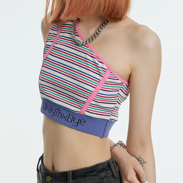 Striped Contrast Slanted Shoulder Asymmetric Tank Top Colorful - Shop at LoveMi