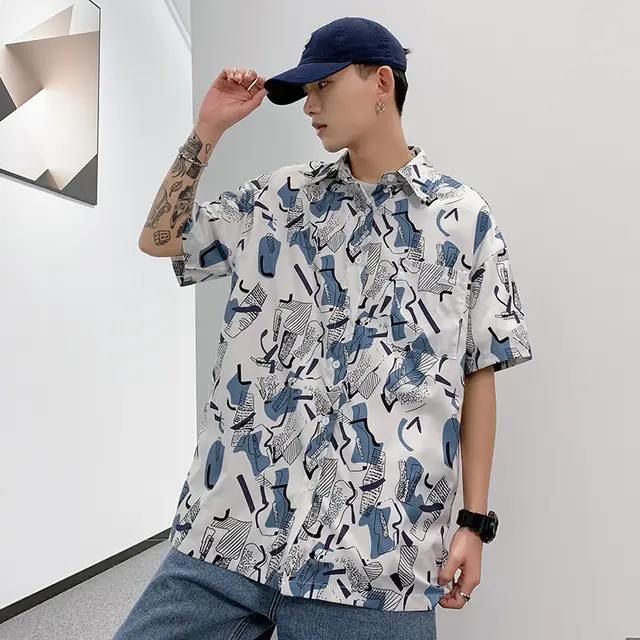 Solid Color Drop Shoulder Print Extra Loose Shirt Tide Brand Short Lining White - Shop at LoveMi