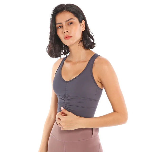Street Pleated Sports Bra Plus Size Long Tank Top Dark Grey - Shop at LoveMi