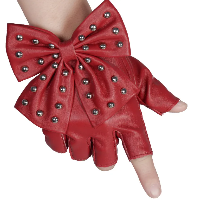Lolita Gothic Rivet Bow Half Finger Pu Gloves - Red