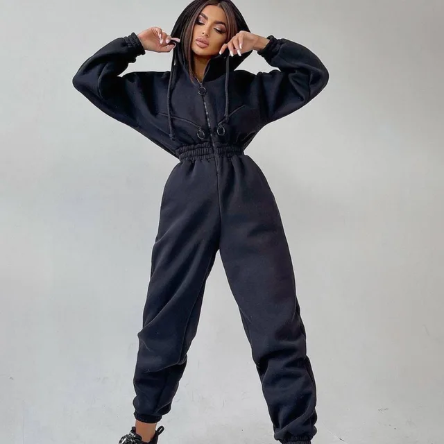 Cross border Popular Sports Casual Women's Hooded Jumpsuit One piece Suit Black - Shop at LoveMi