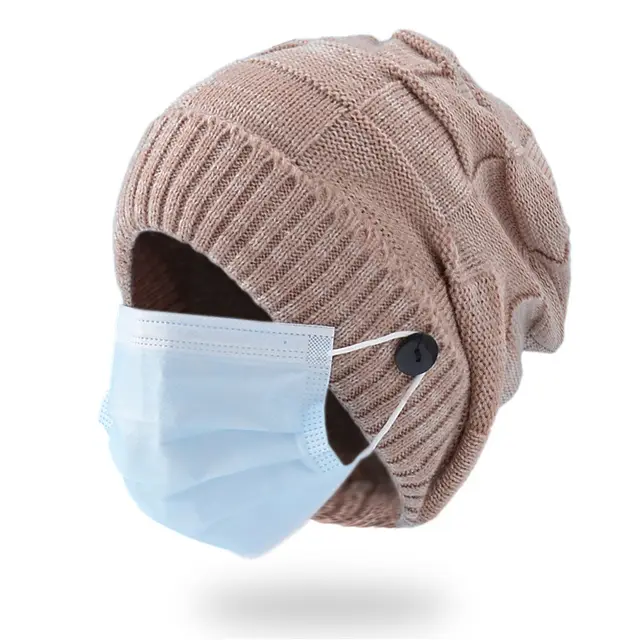 Women's Fashion Flanged Mixed Color Sweater Hat Button Pink - Shop at LoveMi