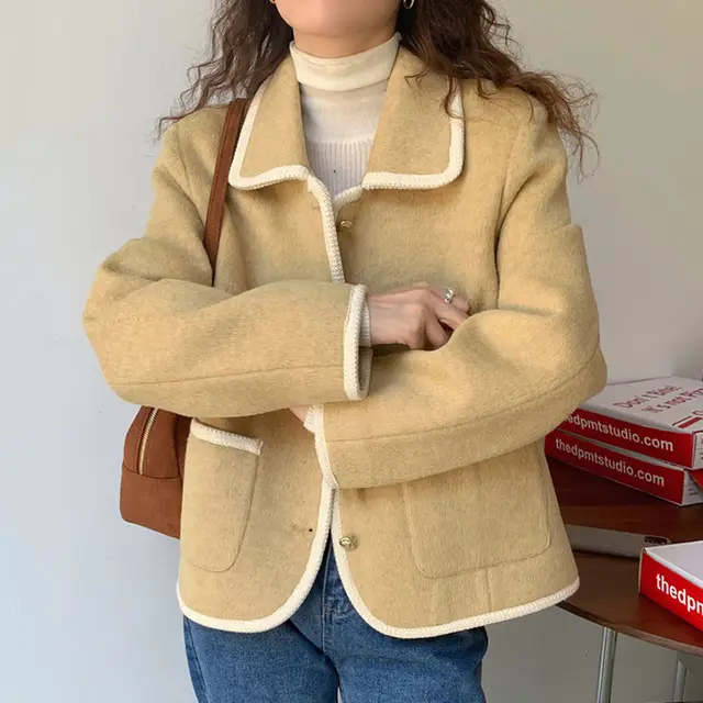 French Lapel Contrast Bezel Trim Chic Loose Jacket Yellow - Shop at LoveMi