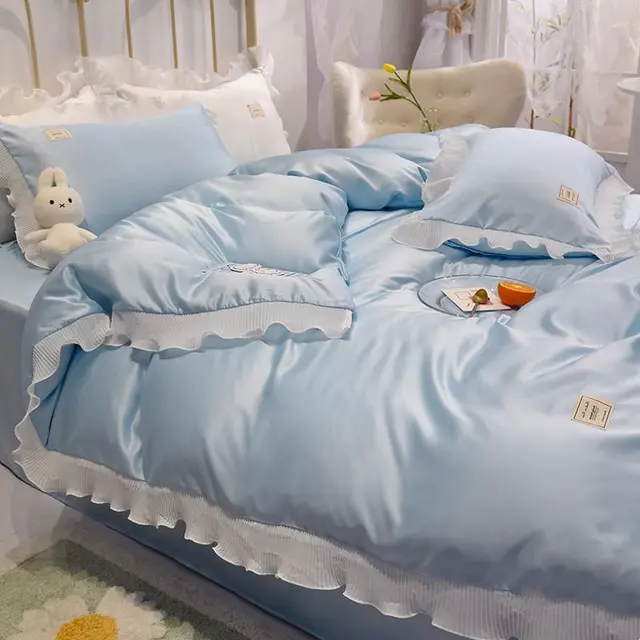 Ice Silk Bed Sheet Quilt Cover Advanced Simple Four piece Set Sky Blue - Shop at LoveMi