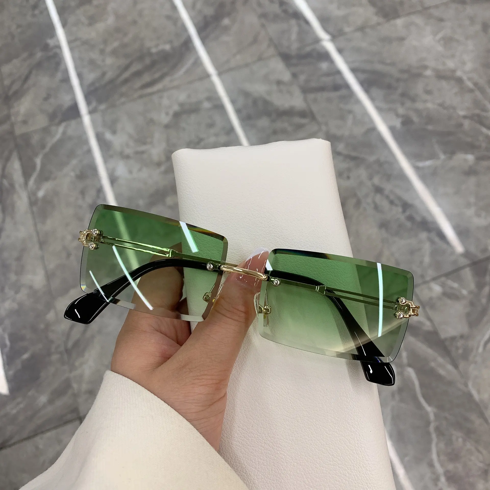 Women's Rimless Transparent Fashion Light Sunglasses - Gold Frame Progressive Green