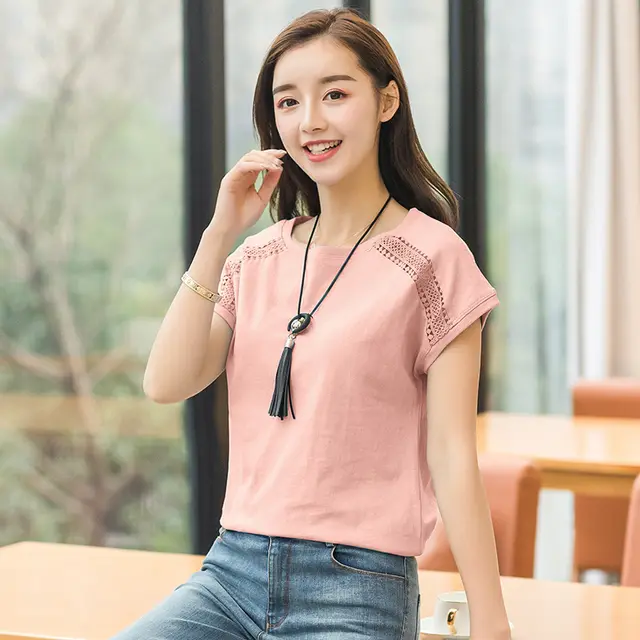 Women's Fashion Round Neck Doll Sleeve Cutout Short Sleeve Top Pink - Shop at LoveMi
