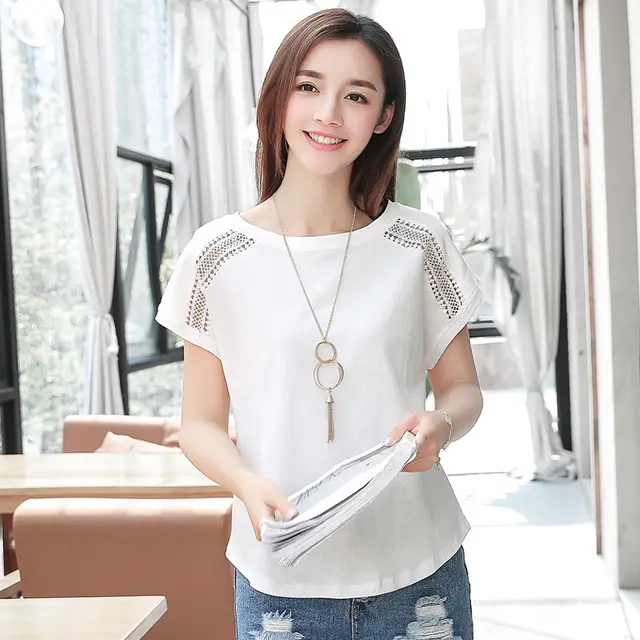 Women's Fashion Round Neck Doll Sleeve Cutout Short Sleeve Top White - Shop at LoveMi