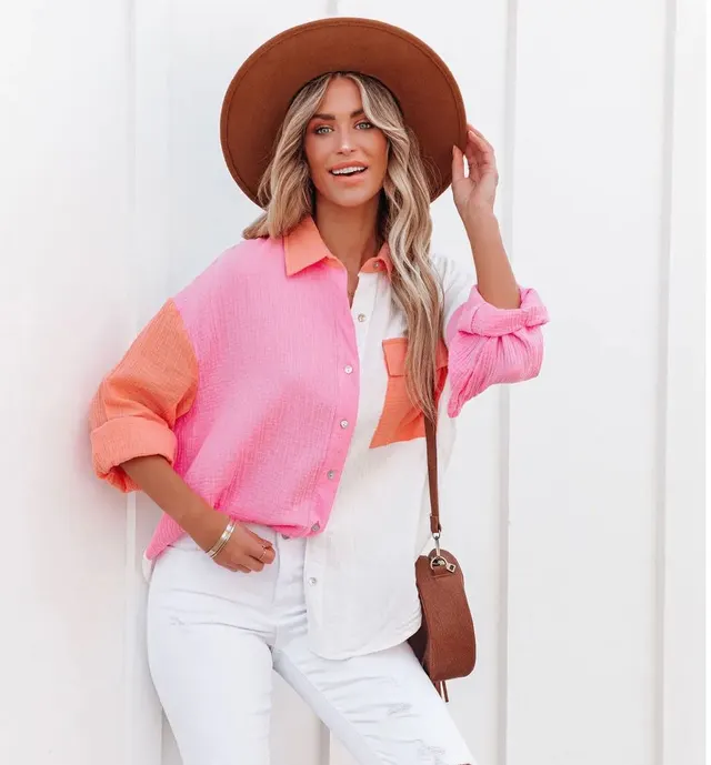 Fashion Multicolor Patchwork Long Sleeve Cardigan Women's Shirts Rose Red - Shop at LoveMi