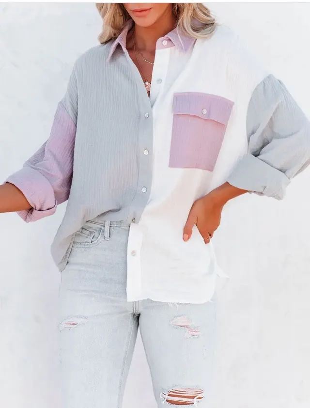 Fashion Multicolor Patchwork Long Sleeve Cardigan Women's Shirts White - Shop at LoveMi