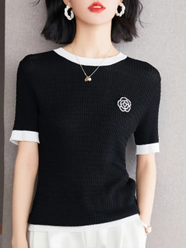 Women's Summer High Elastic Knitted T Shirt Black - Shop at LoveMi