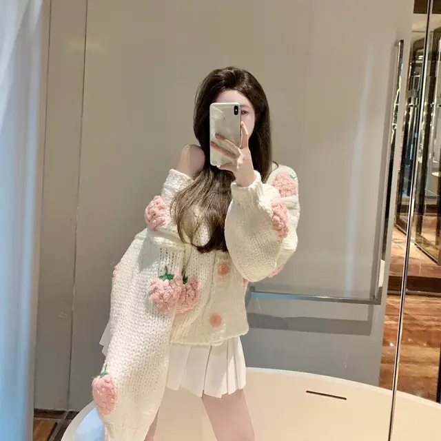 New Handmade Strawberry Lantern Sleeve Warm Sweater White - Shop at LoveMi