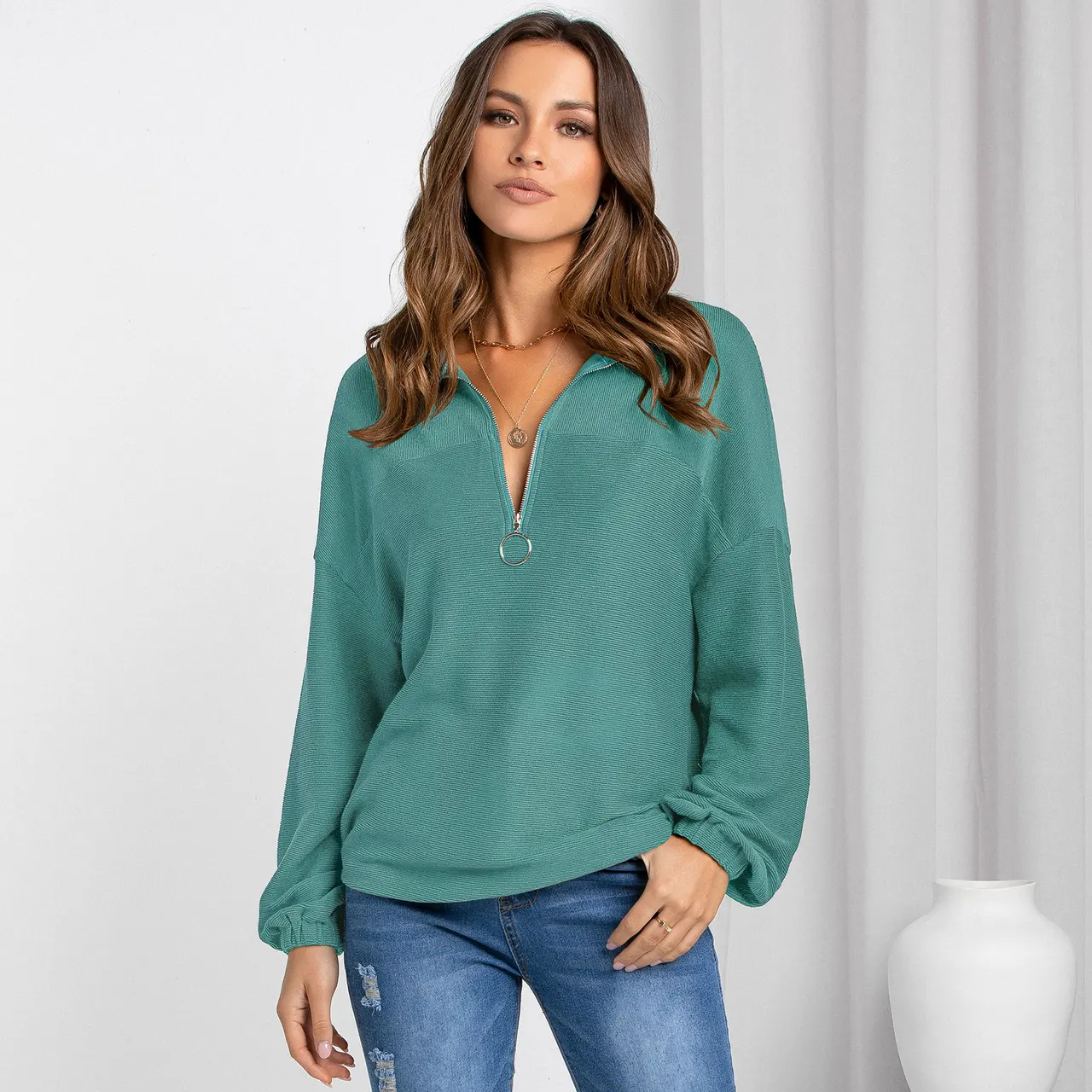 Women's Fashion Casual Pullover V-Neck Solid Color Loose Sweater - Lake Blue