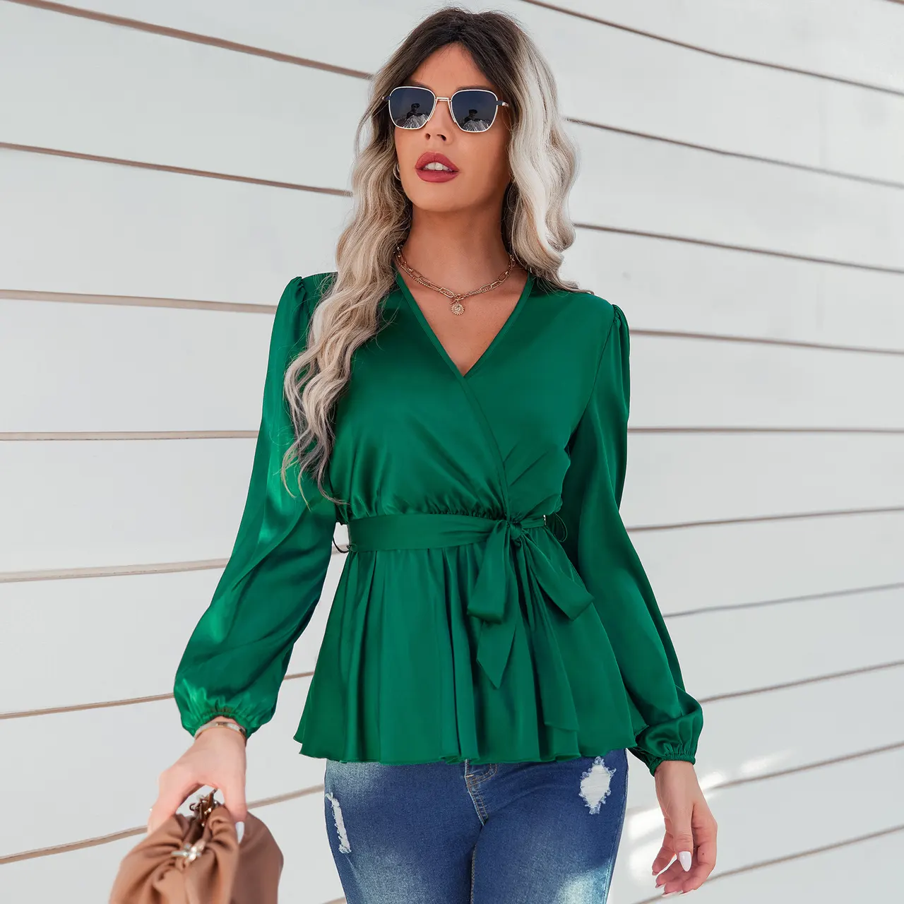 Women's Thin Fashion Tie Waist V-Neck Shirt - Dark Green