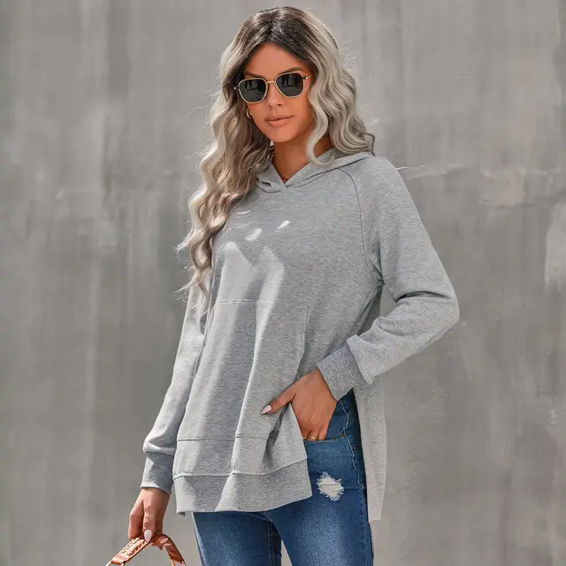 Women's Fashion Hooded Pullover Solid Color Sweatshirt Top Light Grey - Shop at LoveMi